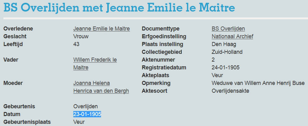 Overlijden Jeanne Emilie le Maitre